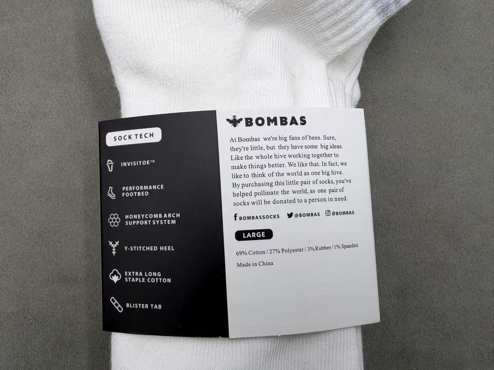 Men’s BOMBAS Honeycomb Quarter socks Size Large 9-13 Gray stripe white 3 Pairs