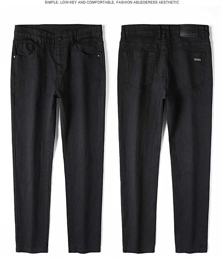 Men’s Black Straight Leg Jeans Casual Stretch Mid Waist Classic Cotton Pants