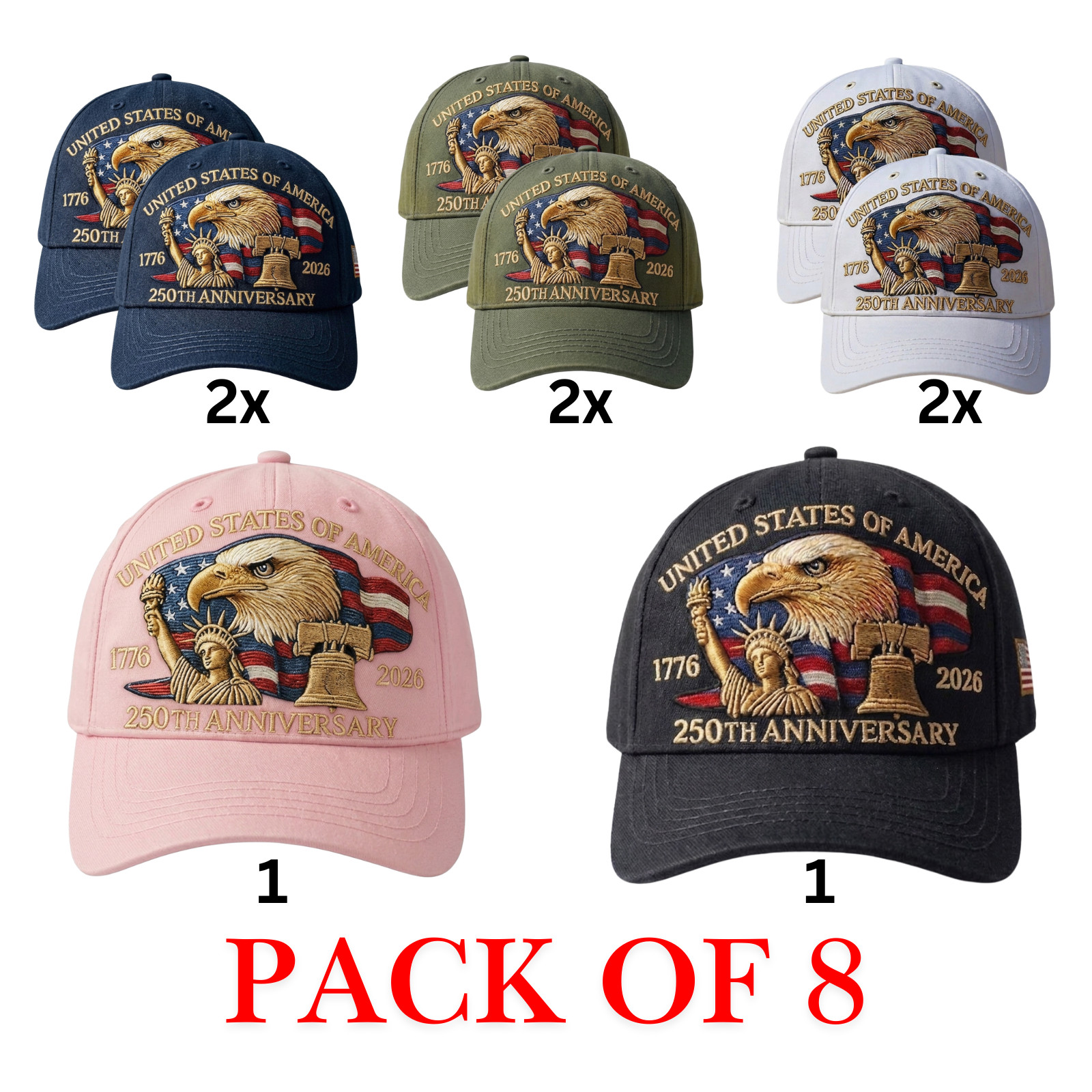 USA 250th Anniversary hat family pack of 8 include multi colors