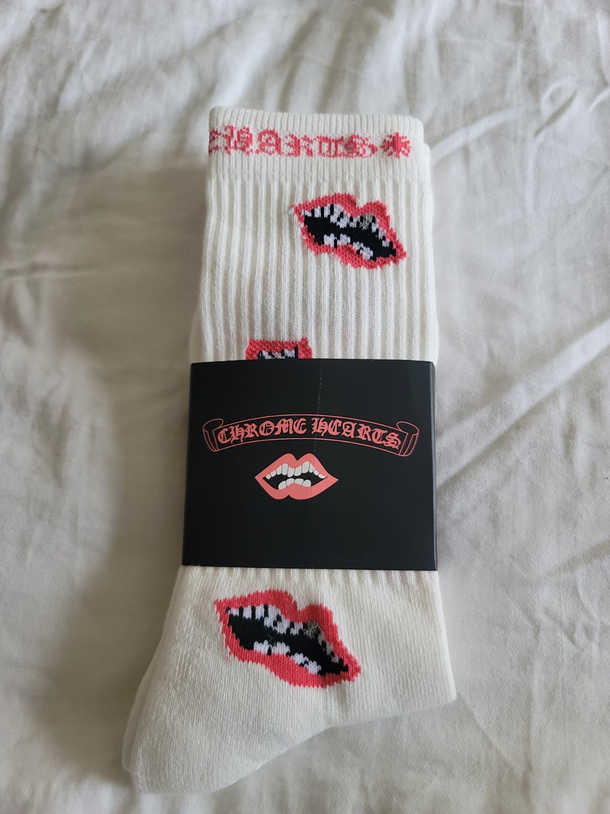 Chrome Hearts White Crew Socks Lips Logo Size L 1 Pair Red Black