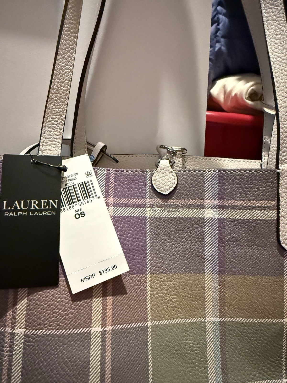 Lauren Ralph Lauren Plaid Pebbled Zip Tote Bag Purple Beige White Silver
