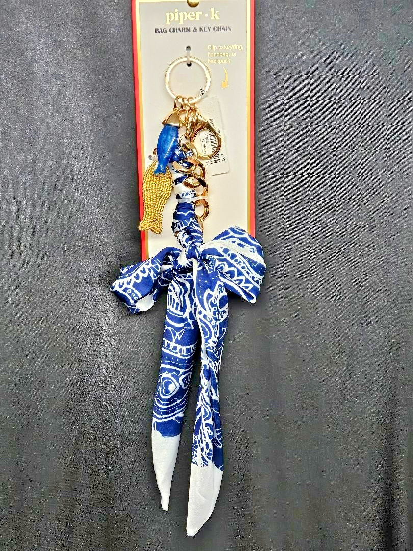 piper k bag charm key chain with scarf, beaded fish, gold tone metals