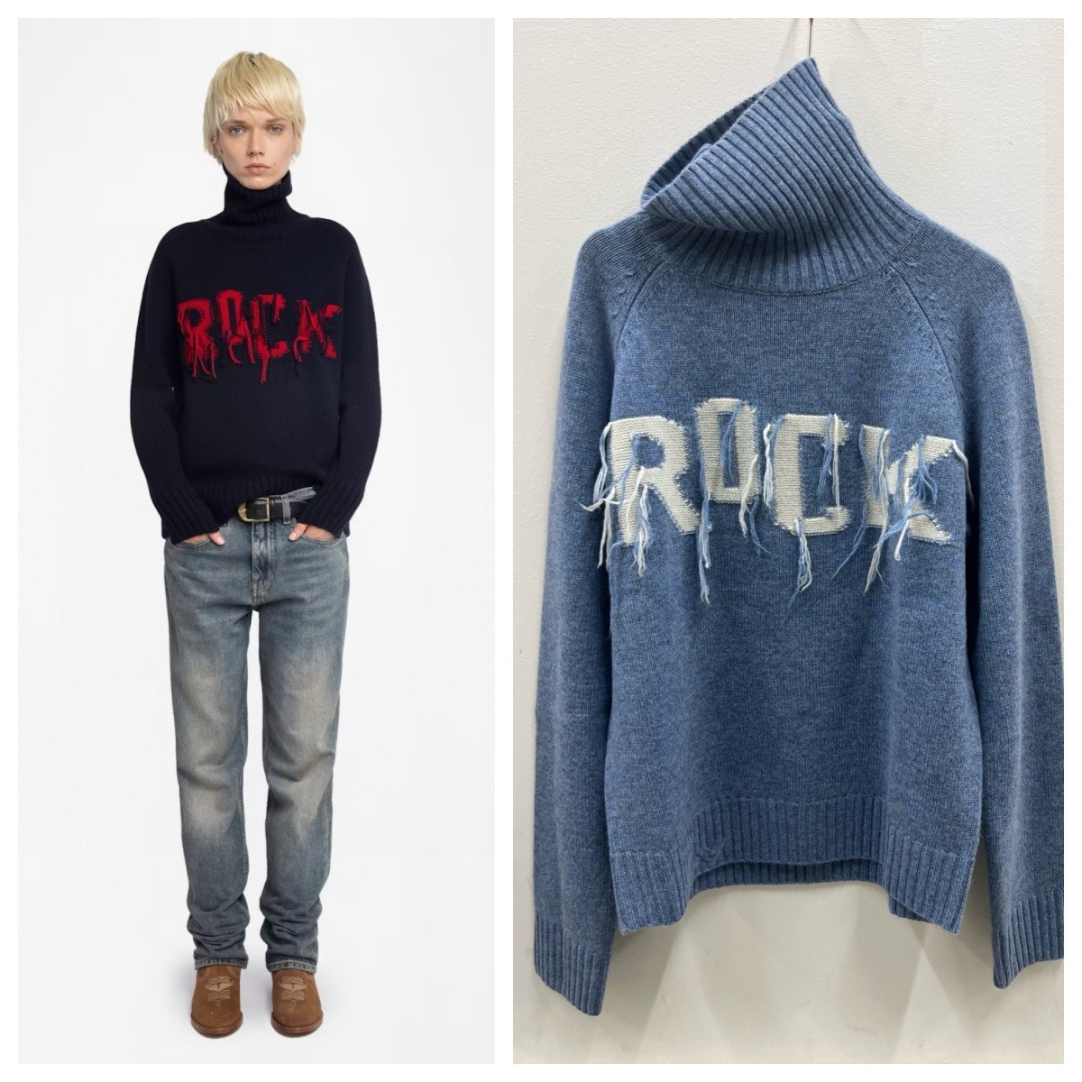 2025 NEW Women Zadig & Voltaire ROCK High Neck Cashmere Wool Knitted Sweater SML