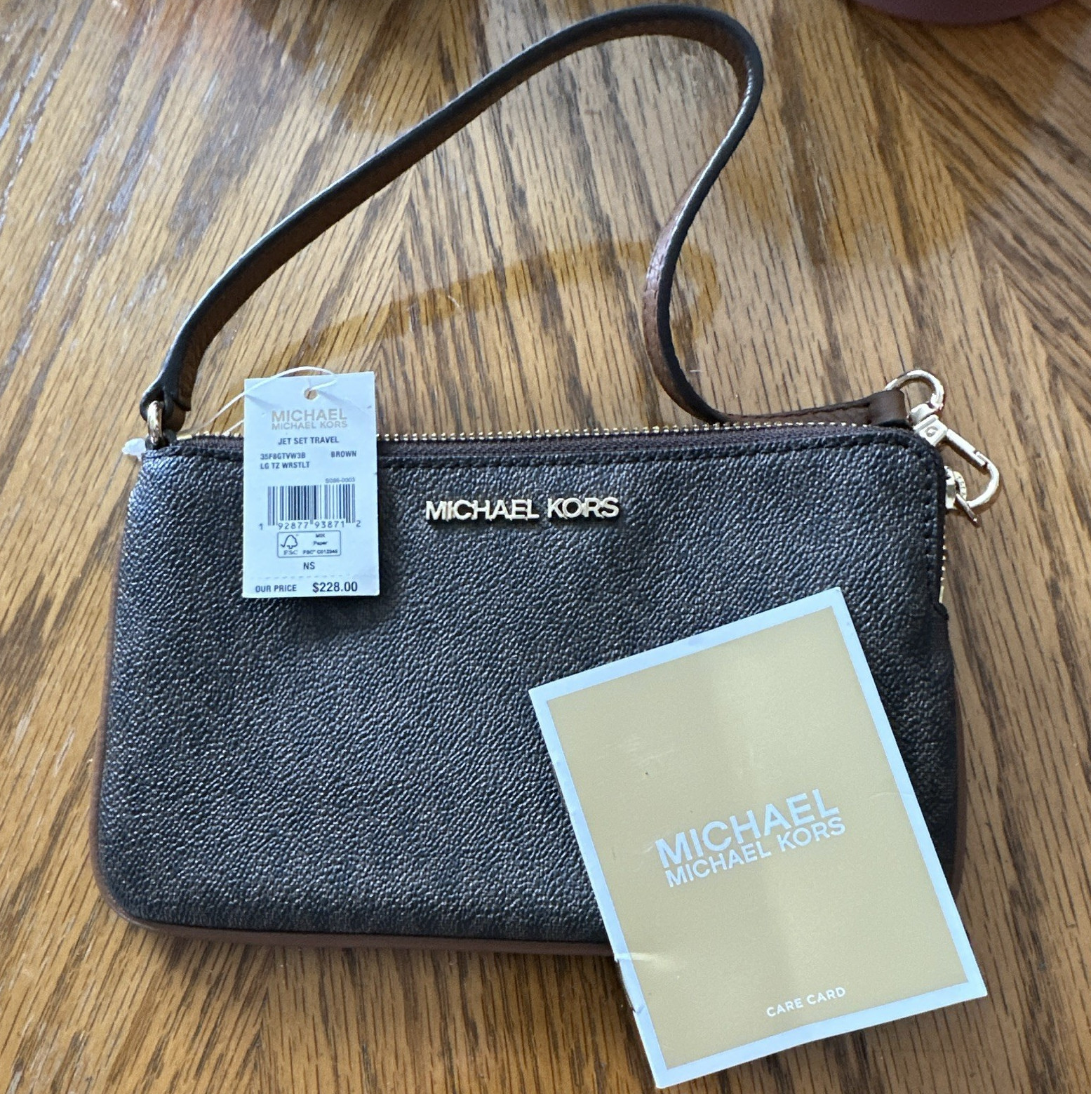 Michael Kors Jet Set Small Brown Wristlet Zip Pouch Wrist Strap Logo Gold