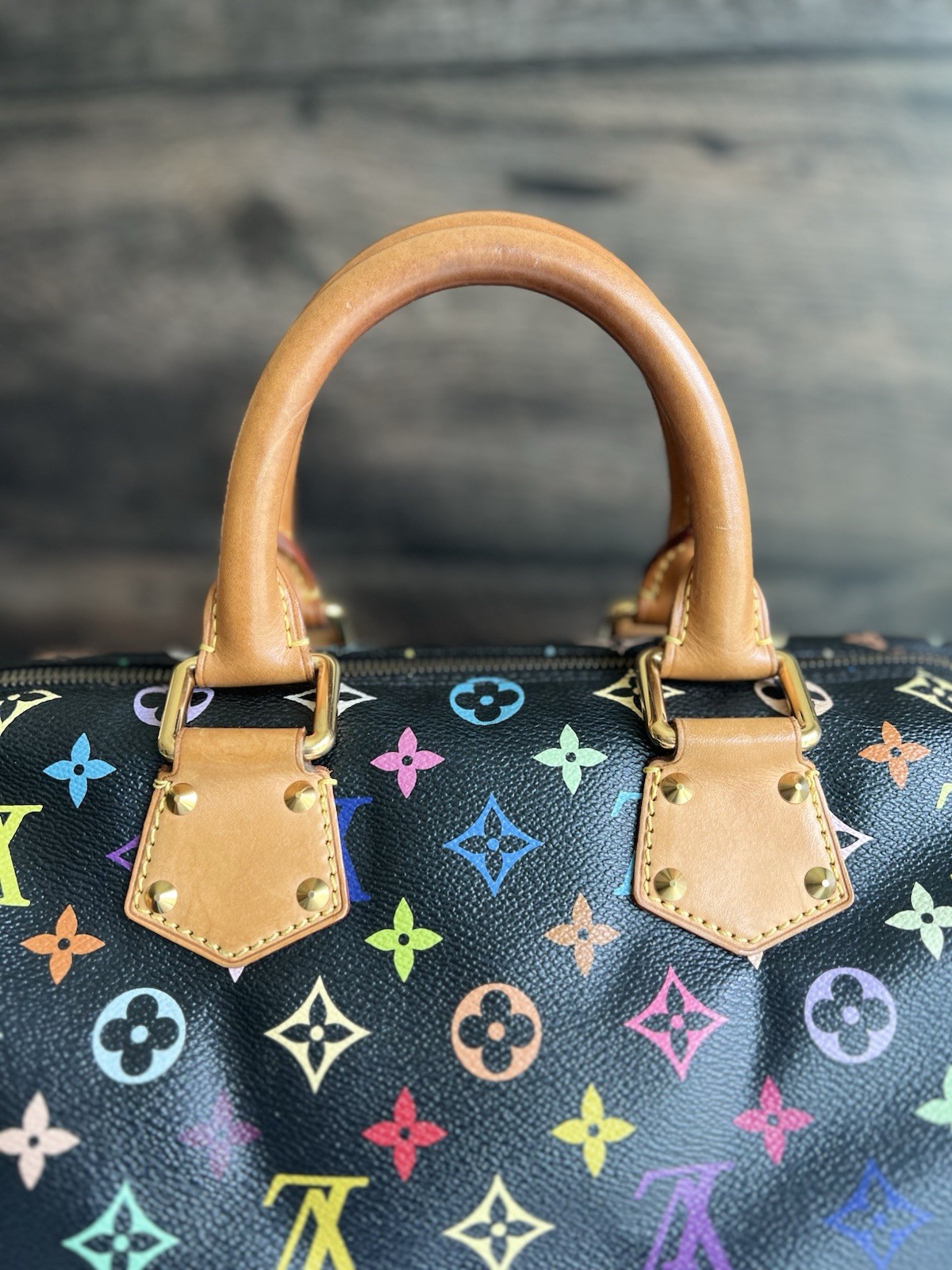 Authentic Louis Vuitton Takashi Murakami Black Multicolor Speedy 30 Handbag Tote