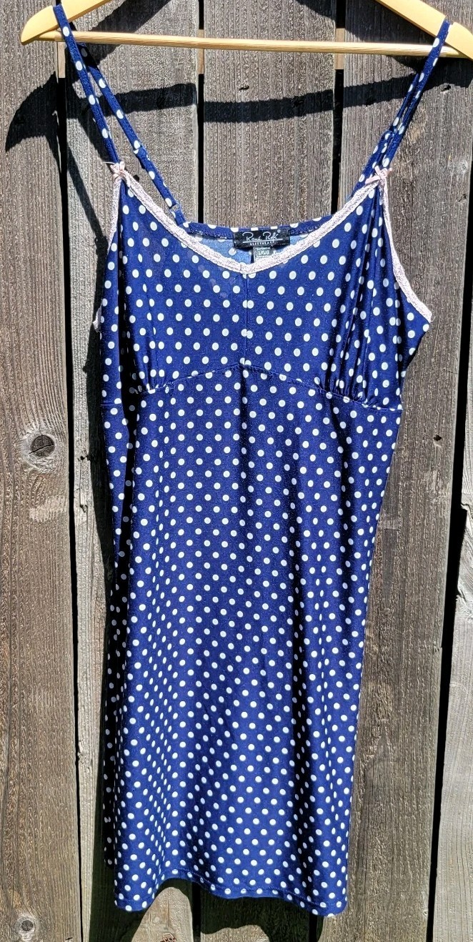 Rene Rofe Women’s Tie Robe & Cami Nightgown Set Blue w Polka Dots Sz L