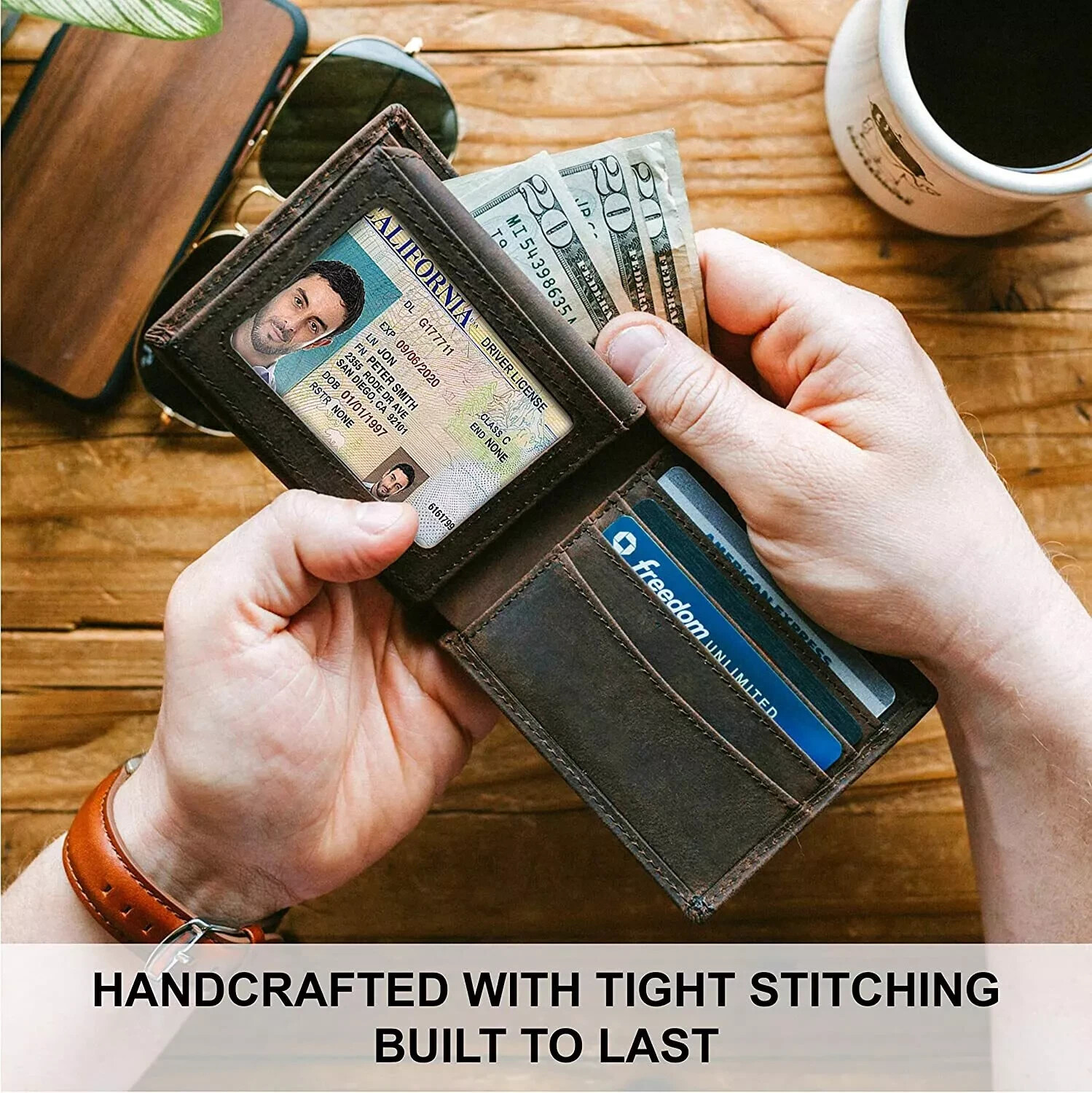 Men RFID Blocking Full Grain Crazy Horse Leather Men’s Bifold Center Flap Wallet