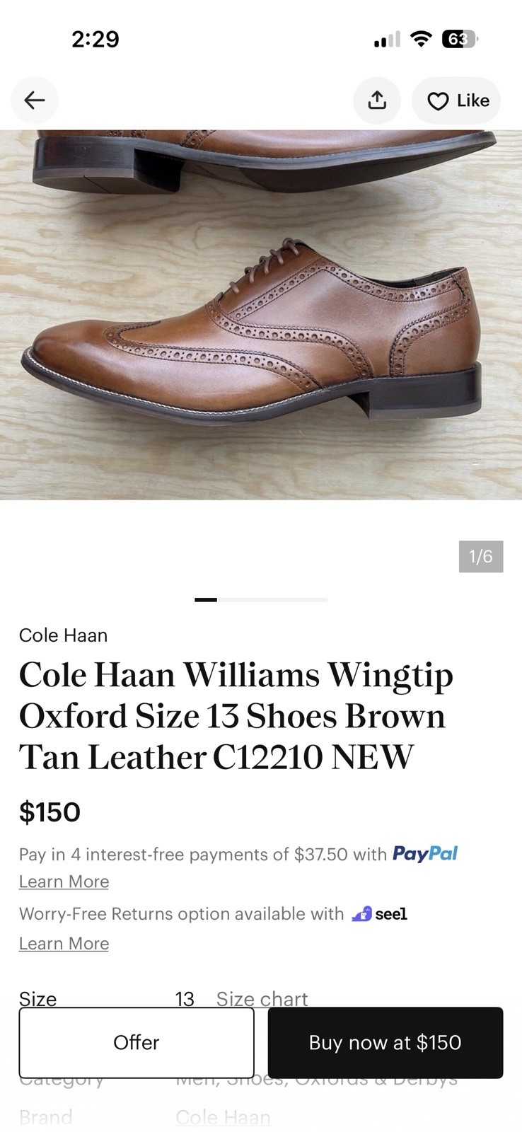 Cole Haan Williams Wingtip Oxford Size 9 1/2 M Shoes Brown Tan Leather C12210