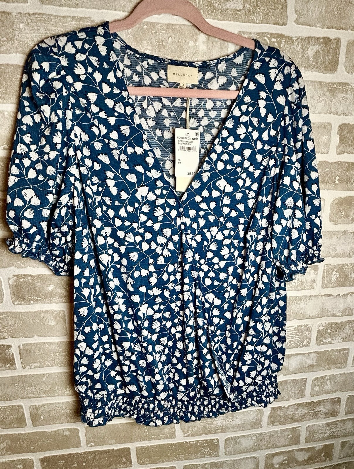 Melloday Blue White Floral V-Neck Smocked 3/4 Sleeve Blouse Plus 1X
