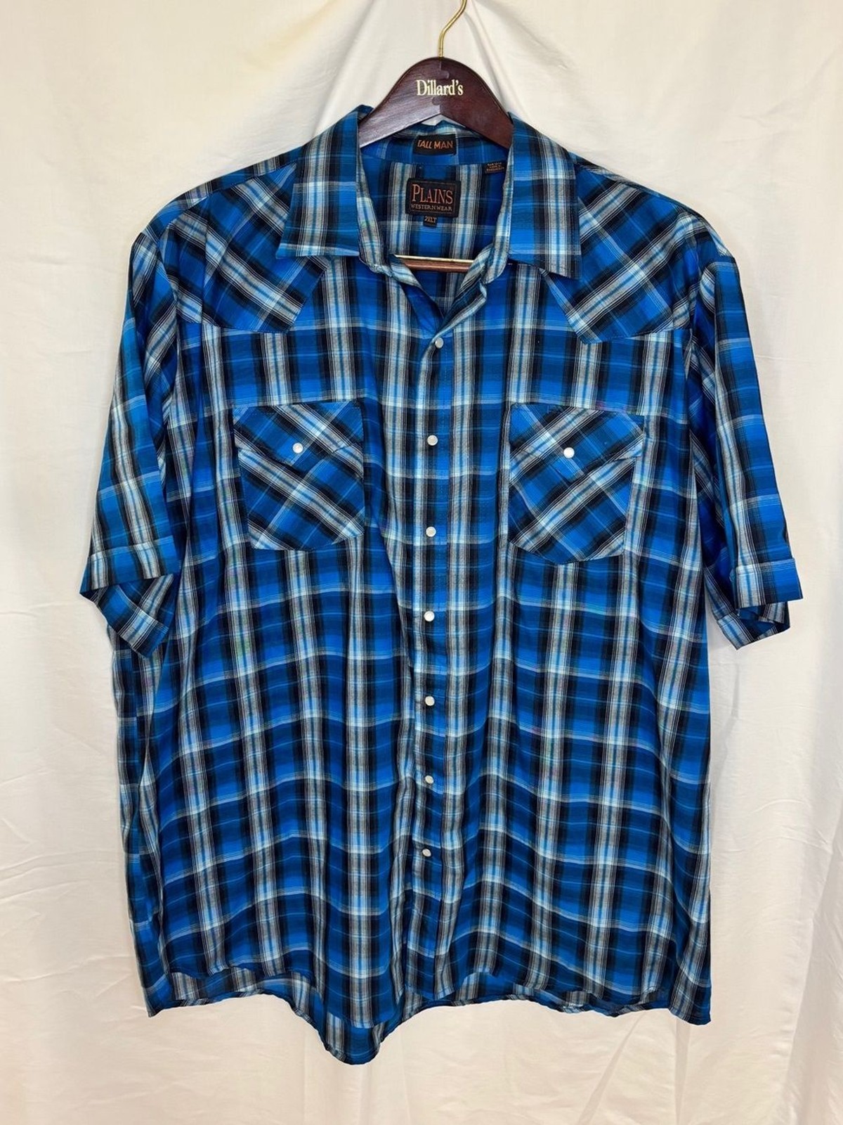 Plains Tall Man 2XL Men’s Blue Plaid Short-Sleeve Western Shirt W/pearl snaps