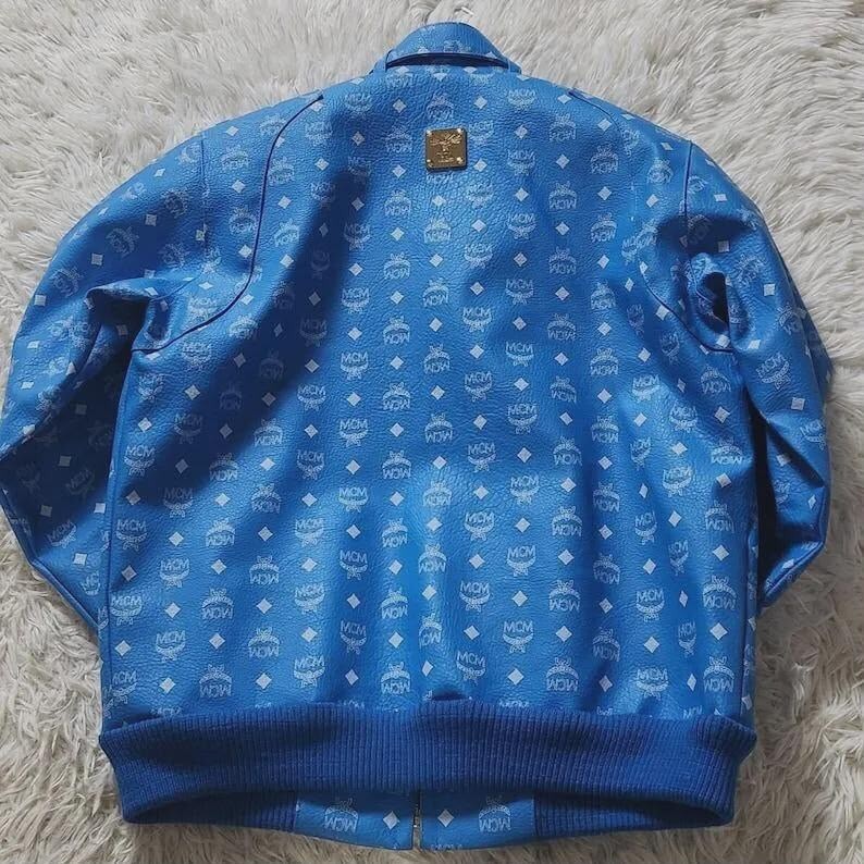 MCM Blue Leather Jacket Biker Premium Quality Laser Printed Leather jacket