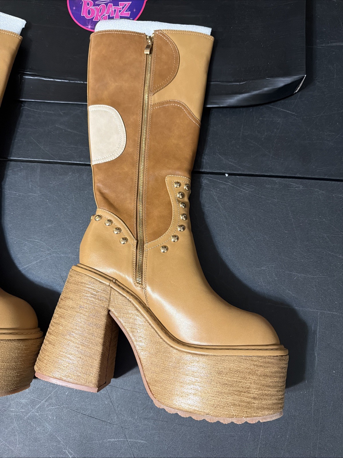 Dolls Kill x Bratz Superstar Status Platform Boots Brown Patchwork Knee High