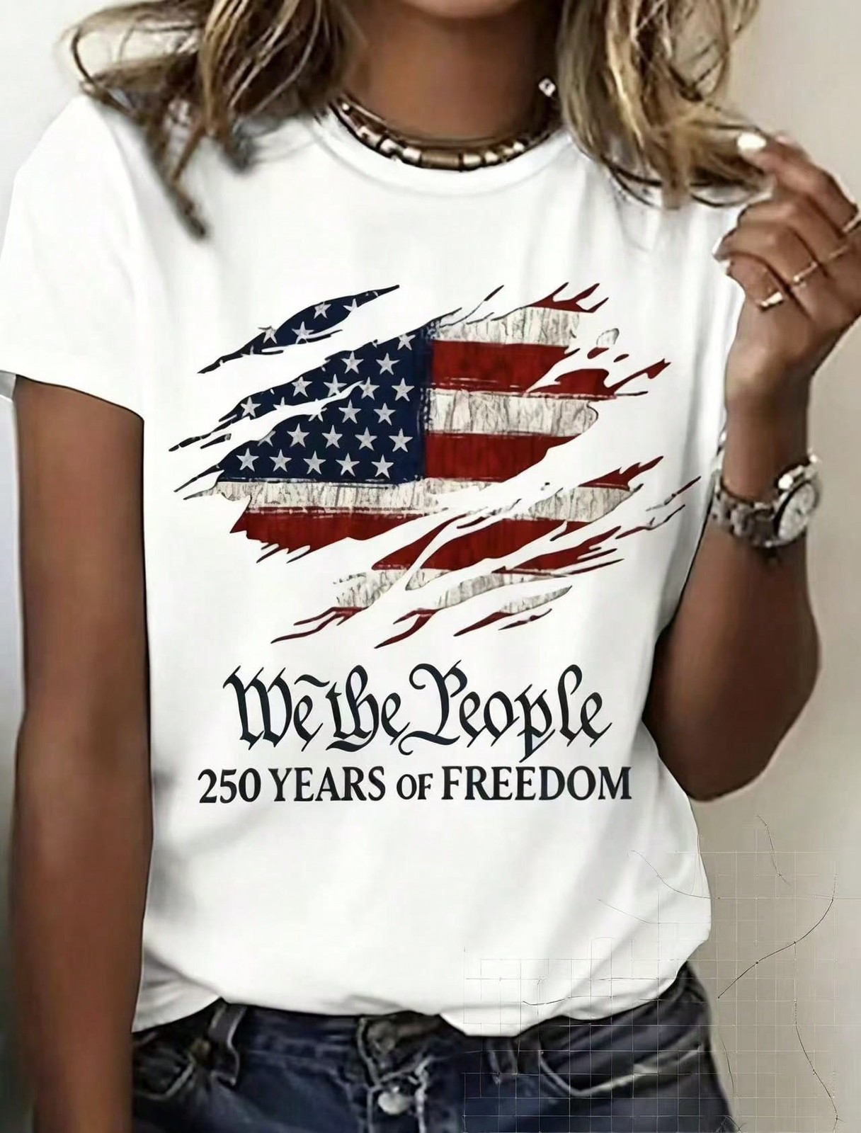 Women’s Patriotic T-Shirt, Printed Short Sleeve, Casual Crew Neck Top,
