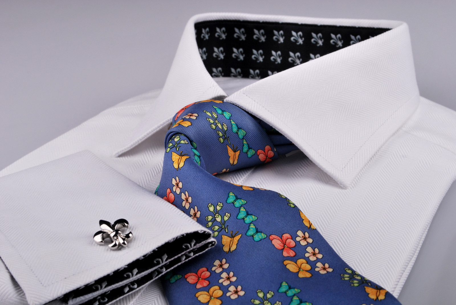 White Herringbone Twill Formal Business Dress Shirt Fleur-De-Lis Italian GQ Boss