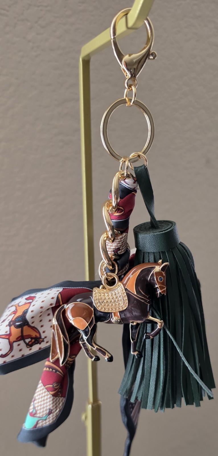 Piper K Bag Charm Key Chain Equestrian Hand Painted Horse Bow Green Tassel NWOT