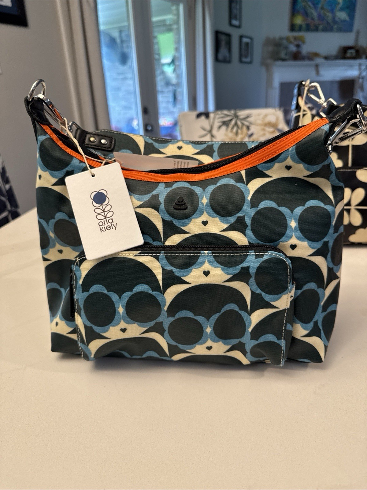 Orla Kiely Mini Hobo Bag Geometric Blue/Green Zip Detachable Strap Pockets
