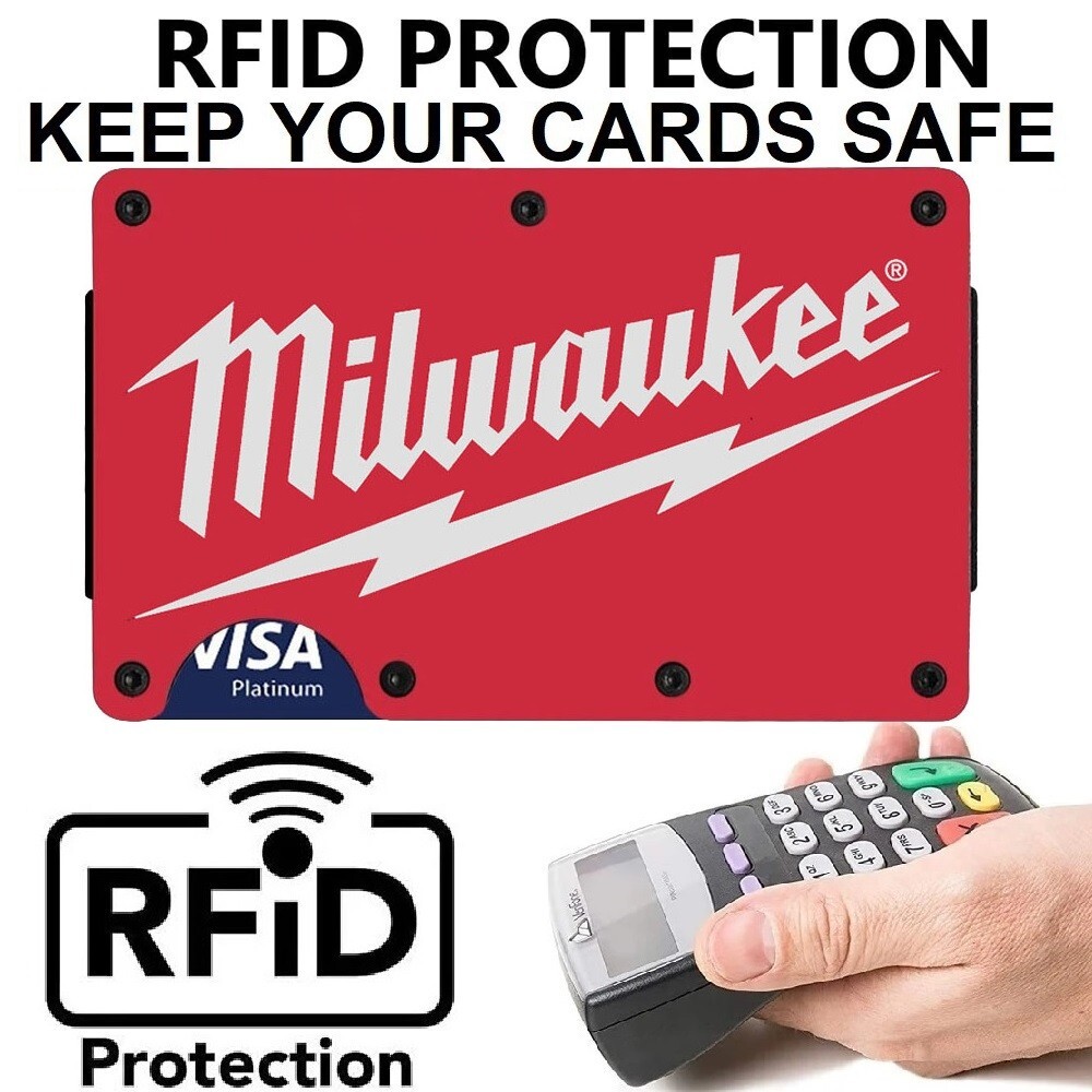 Custom Milwaukee Tool Mens Titanium Carbon Red RFID Blocking Engraved Wallet D7