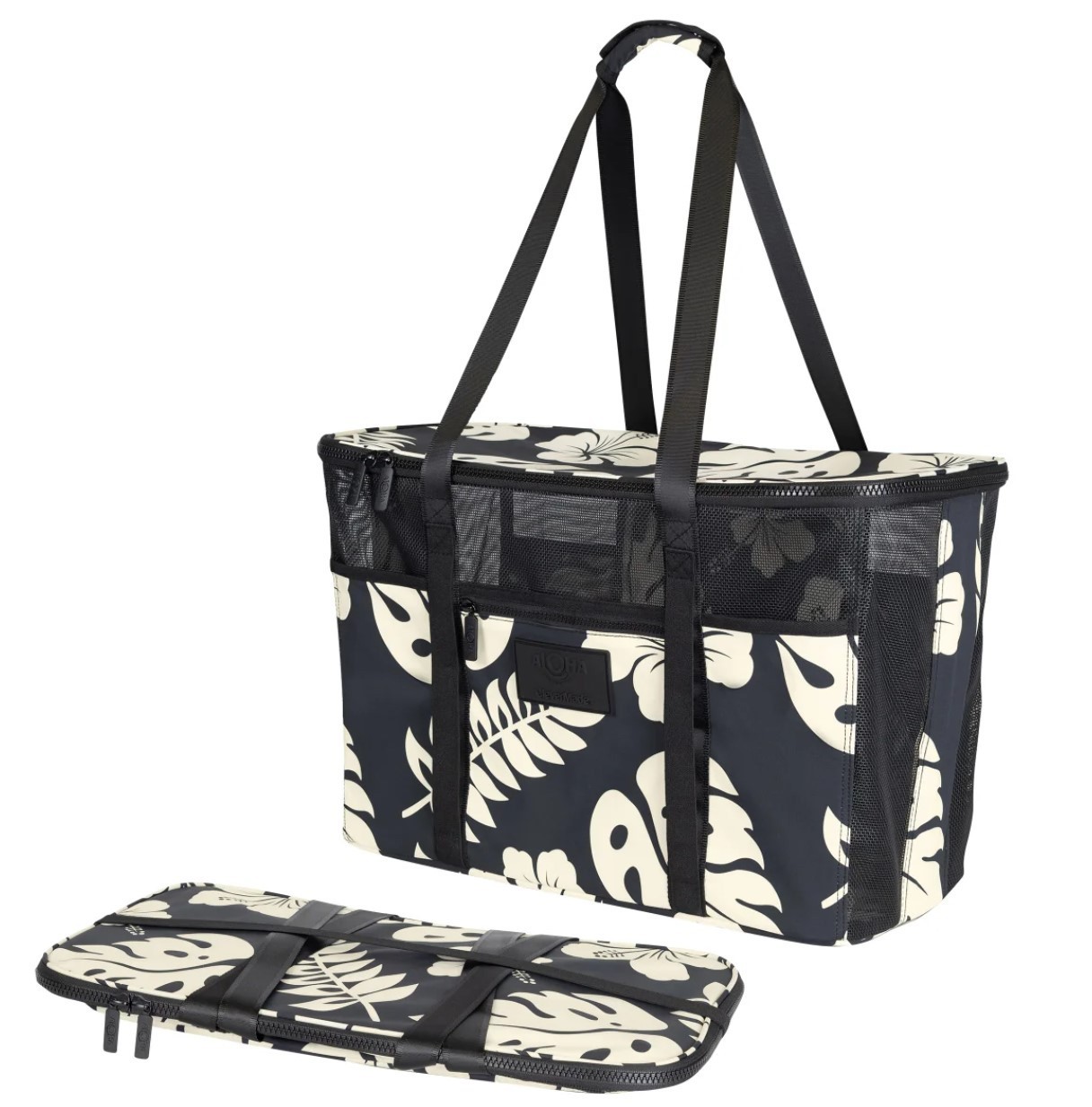Aloha Collection CleverMade Foldable Mesh Beach Tote Black White Floral Zip