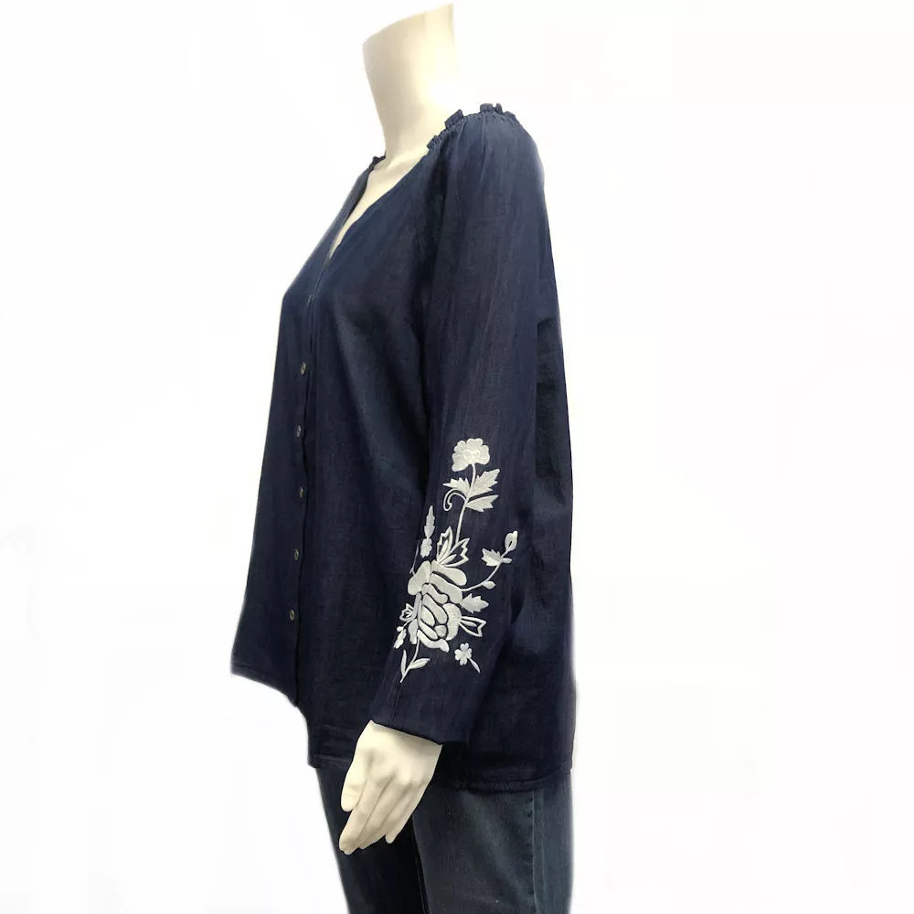 The Skyline Collection Women’s Embroidered Denim Blouse in Blue – Medium