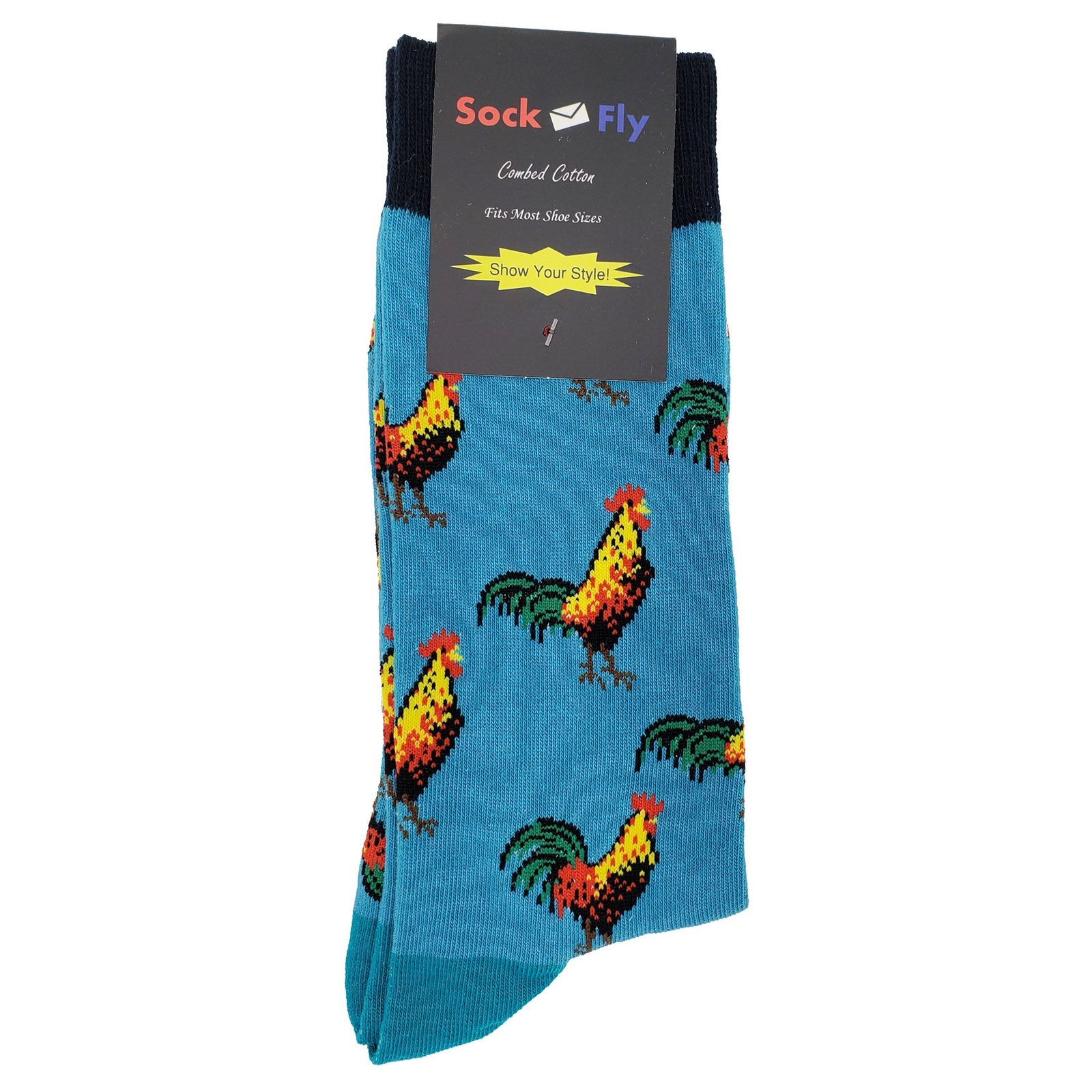 NWT Rooster Dress Socks Novelty Men 8-12 Blue Crazy Fun Sockfly
