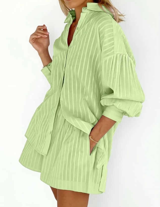 Women Striped 2 Piece Outfit Long Sleeve Button Down Shirt + Casual Short Set