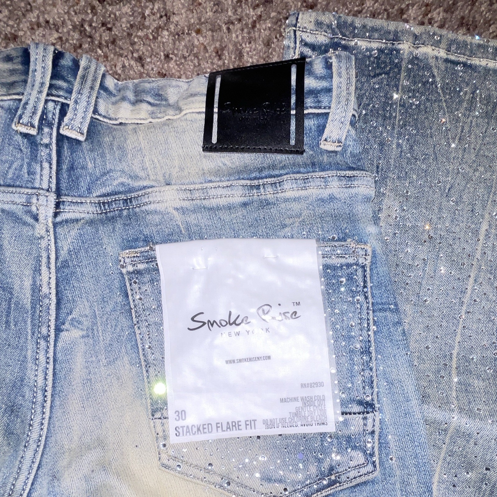 Smoke Rise Men’s Light Wash Blue Rhinestone Logo Stacked Flare Jeans