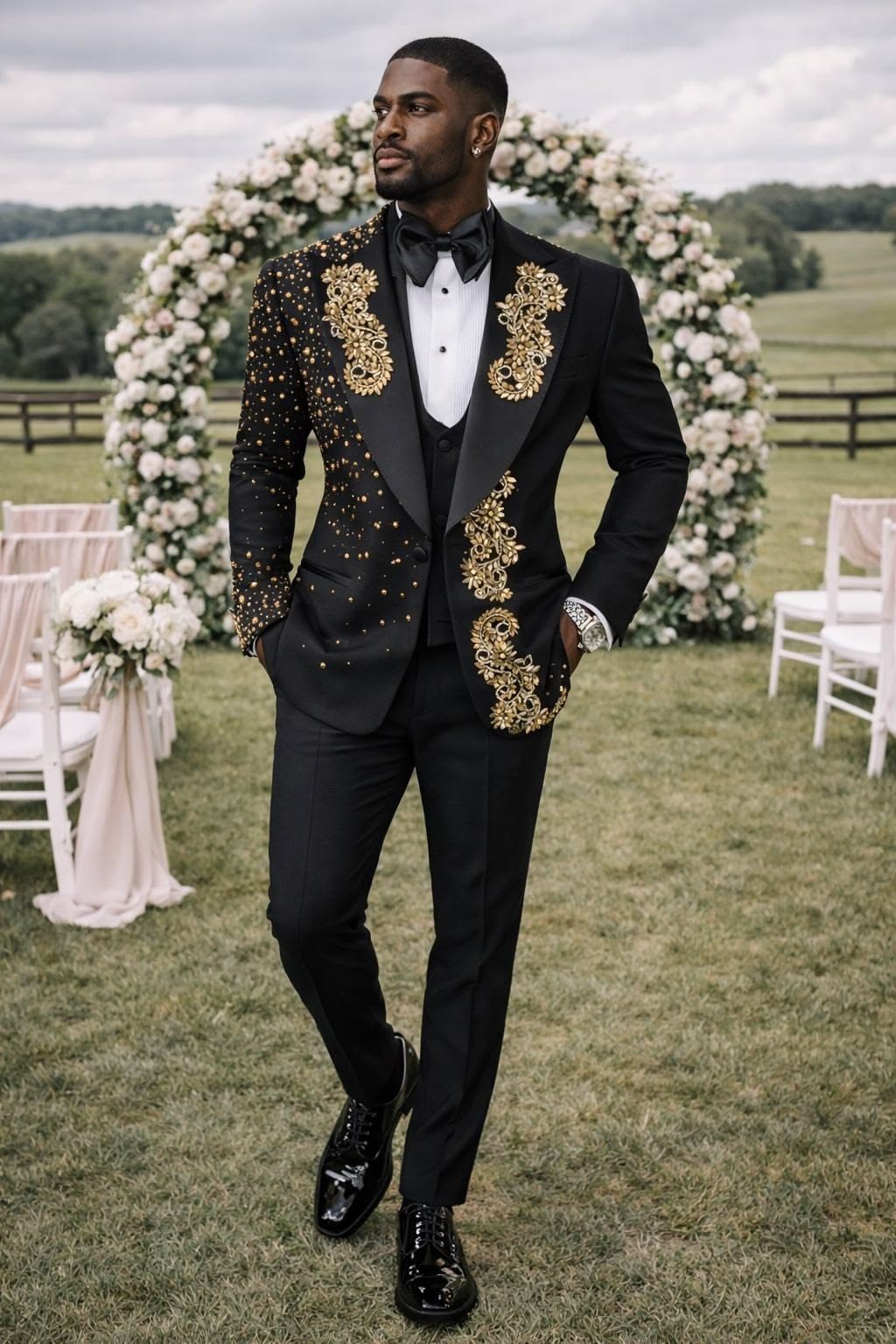 Black Wedding Men’s Suits Gold Rhinestone Jacket 3Pcs Beading Peak Lapel Coat
