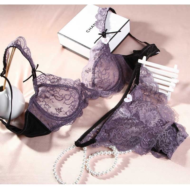 Women See-Through Lace Push Up Transparent Everyday Bra Lingerie Porno Set lolit