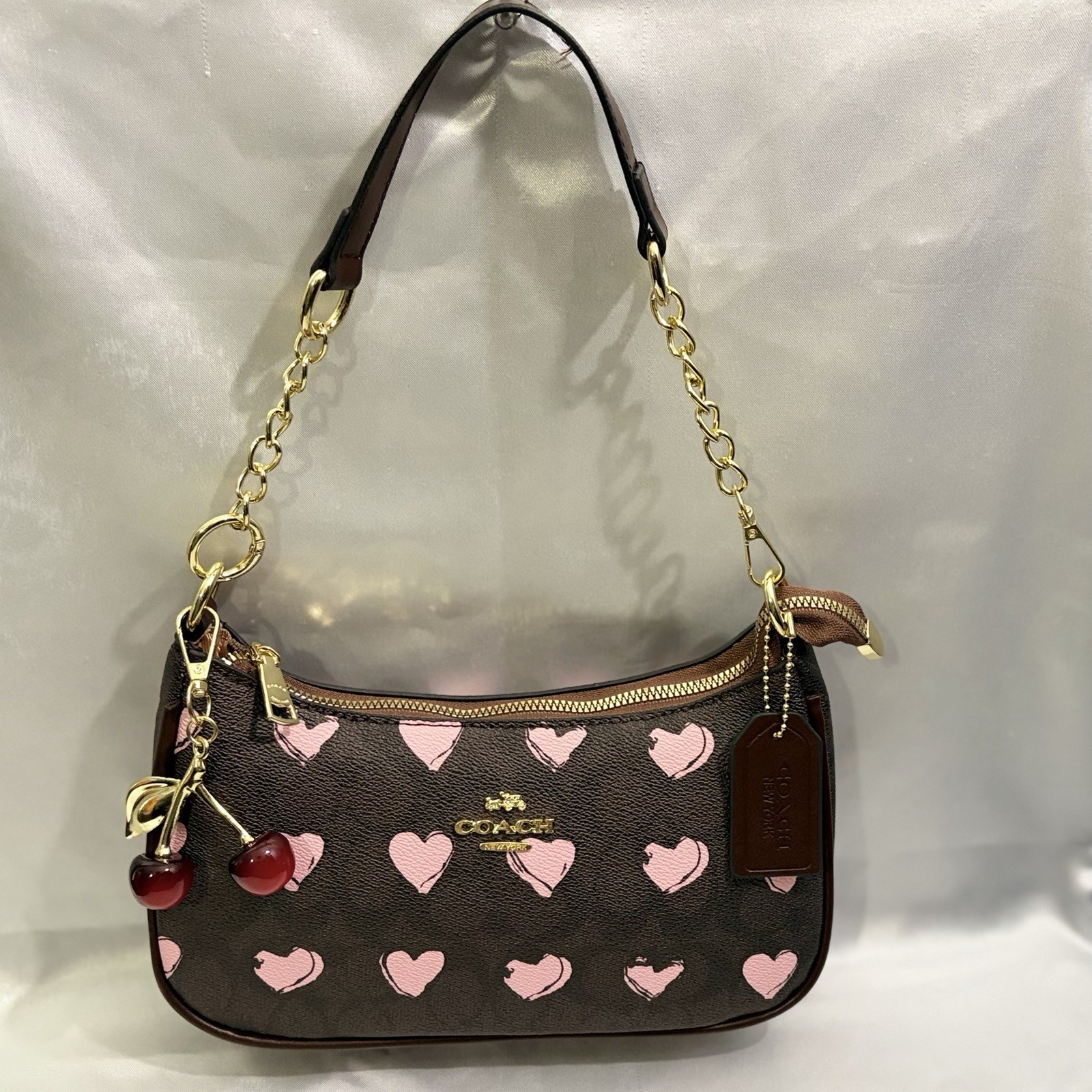 Coach Brown Pink Heart Print Zip Shoulder Bag Chain Strap Gold Hardware Charm