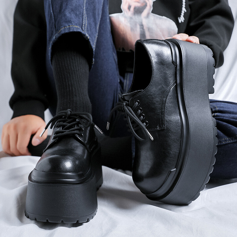 Men’s Chunky High Heel Platform Leather Shoes Creeper Round Toe Causal Lady 2026
