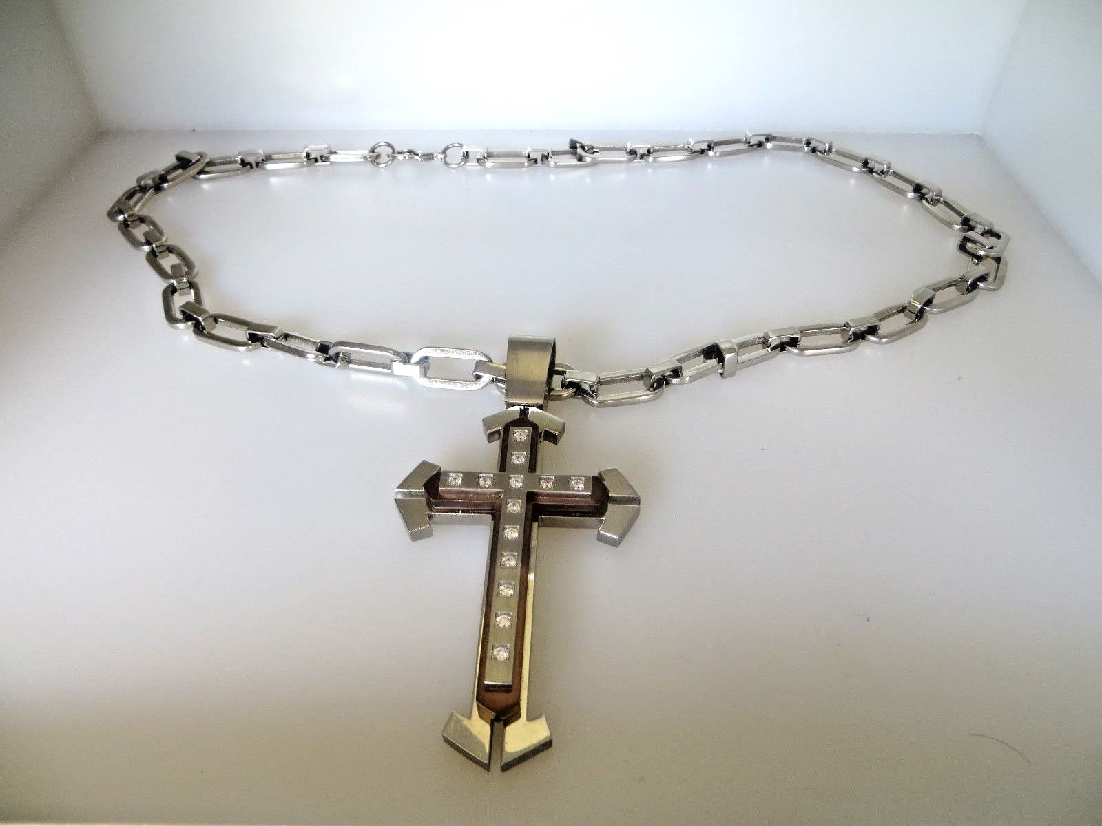 Large Heavy Cross Two Tone CZ Stones & 28 Inch Chain