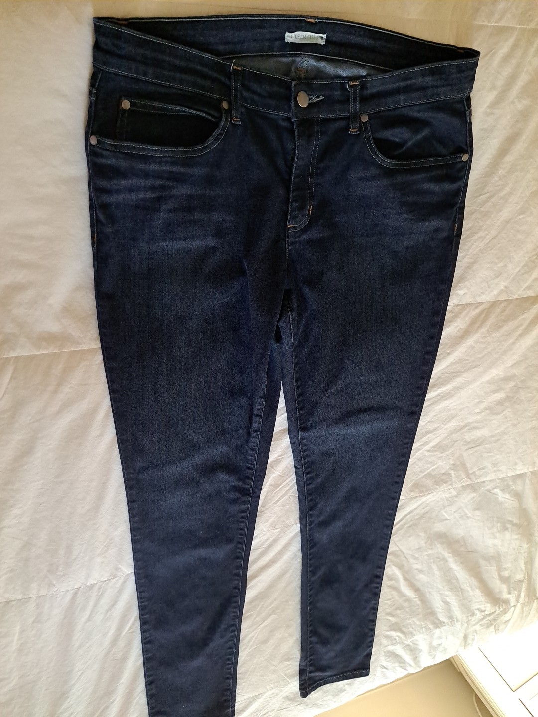 Eileen Fisher Blue Jeans Sz 12 EUC 5 Pkt Tapered Returns Accepted 34×31