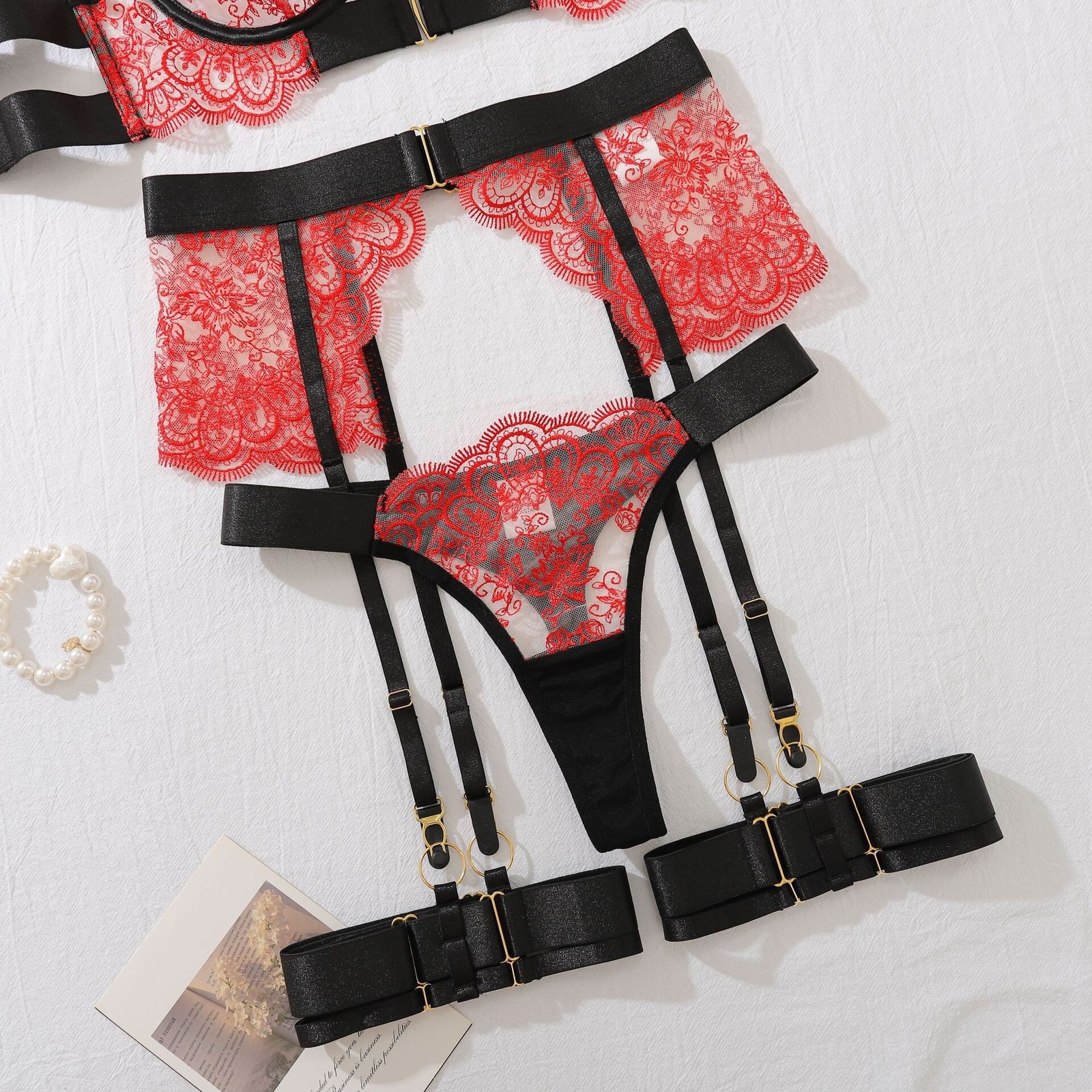 Embroidered Eyelash Lace Bra Waist Garter Thongs Thigh Belt 4-Piece Lingerie Set