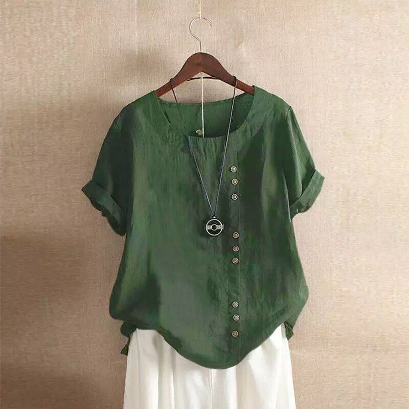 Summer Womens Cotton Linen Tunic Blouse Tops Short Sleeve Shirt Casual