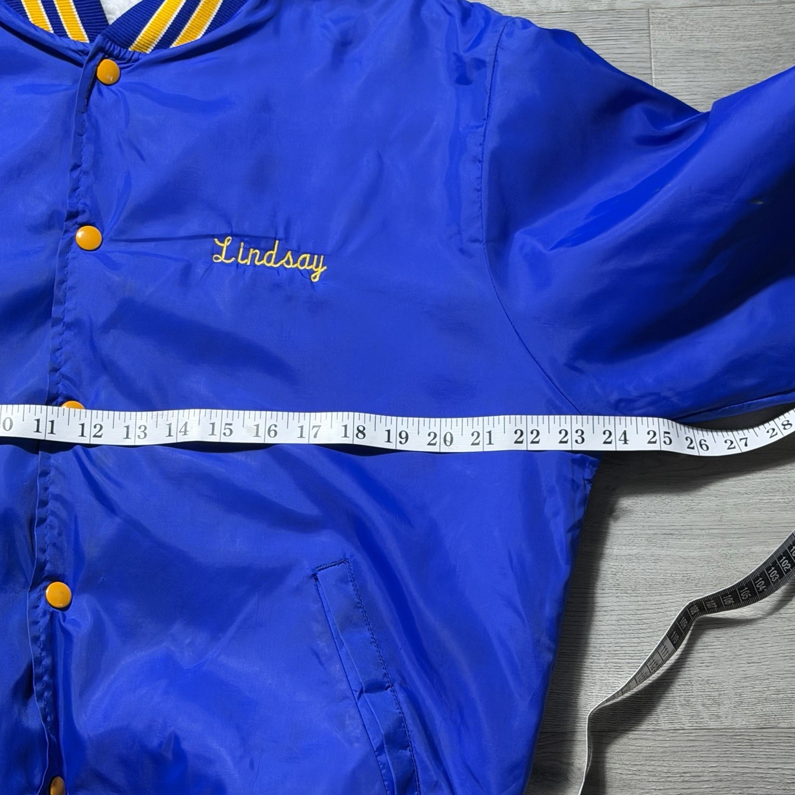 Vintage USA Satin Bomber Jacket Soccer BYC Blue Yellow Fleece Lined Renno Mens M