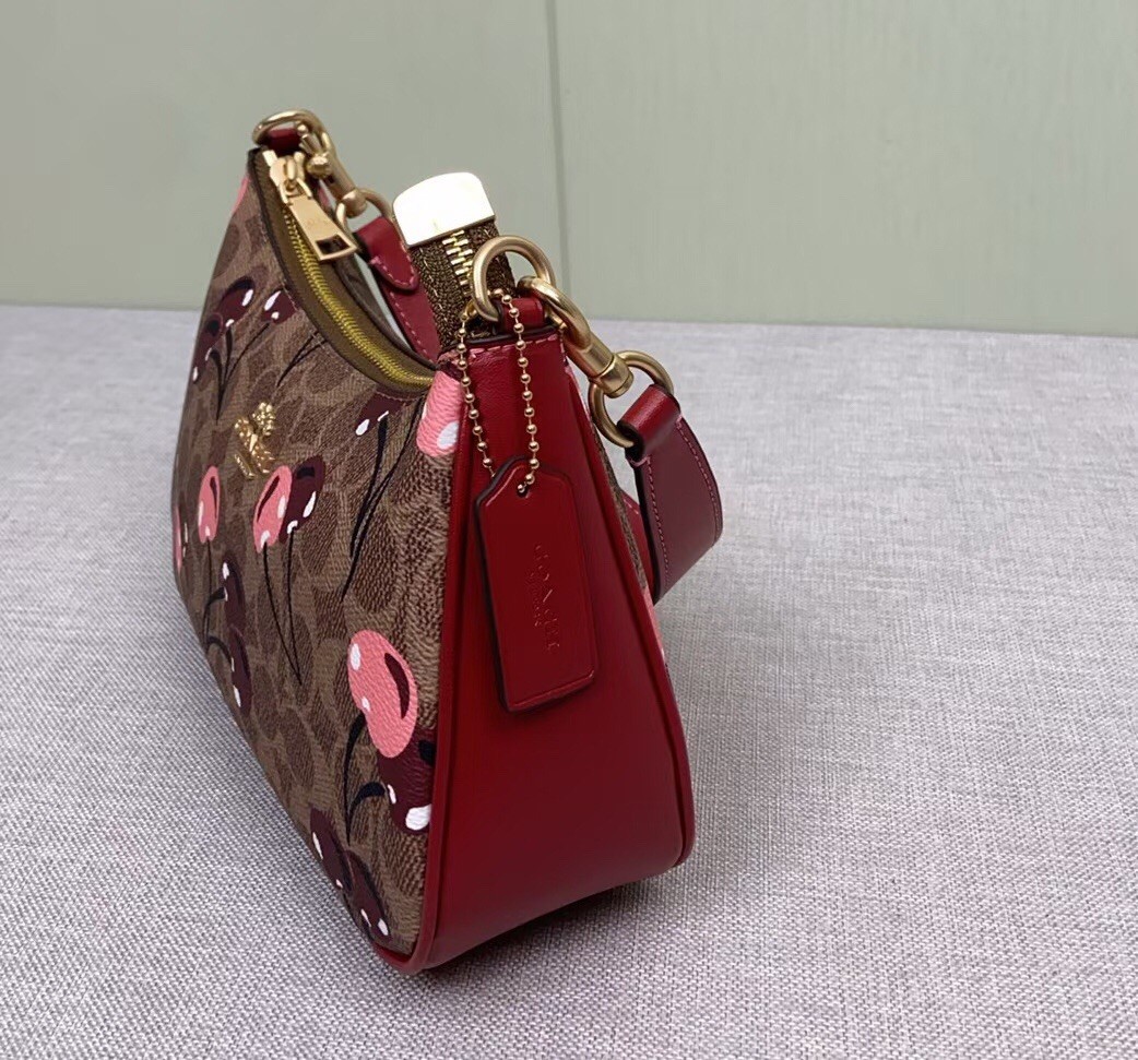 COACH CY694 Teri Shoulder Bag Signature Canvas Cherry Print Tan Brown