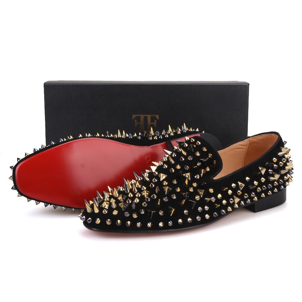 Men FERUCCI Black Velvet Slippers Loafers Flat Gold Spikes Rivet Wedding Prom