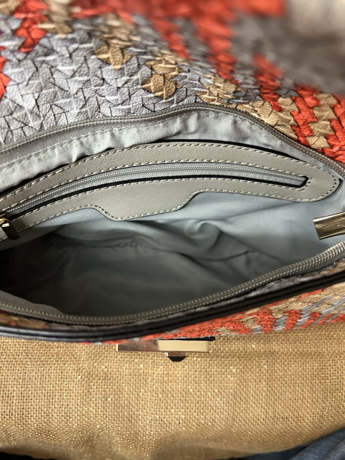 Woven Plaid Pattern Clutch Shoulder Bag with Turn-Lock Closure
