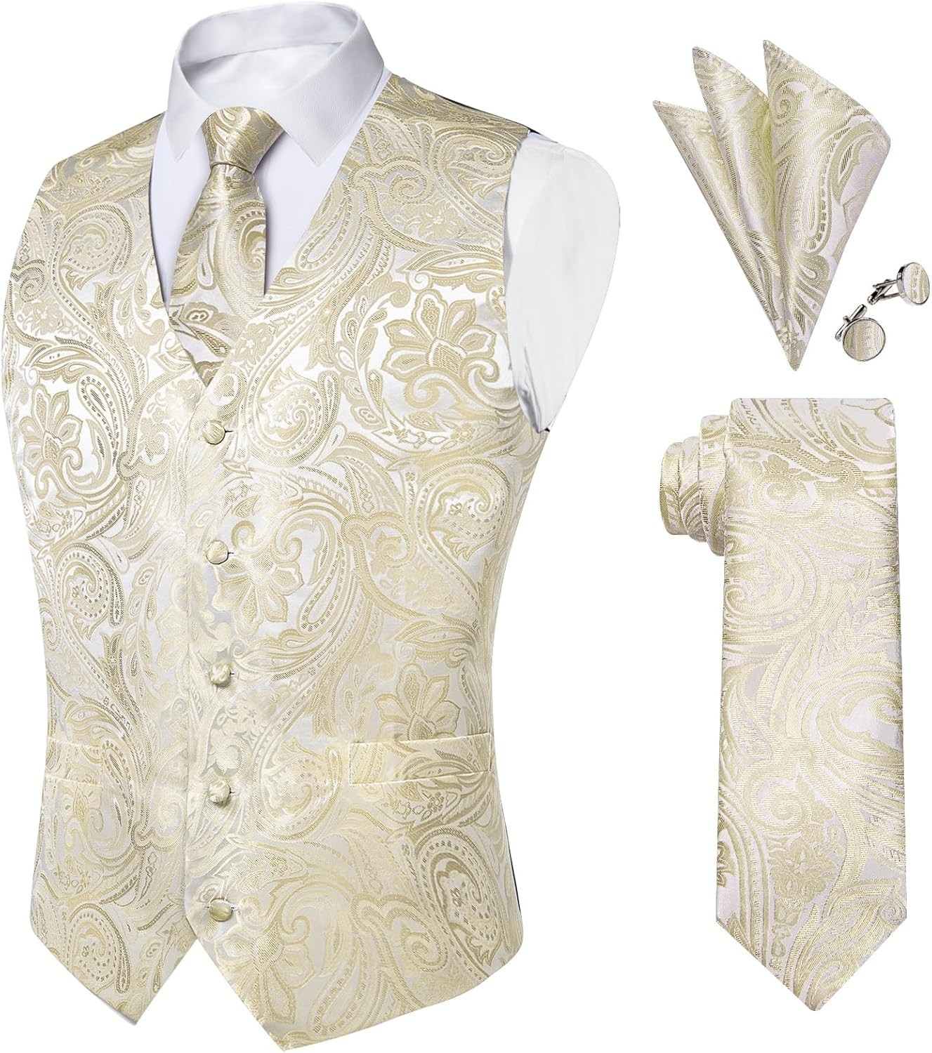 Mens Paisley Silk Vest Tie Pocket Square Cufflinks Set for Wedding Party Formal