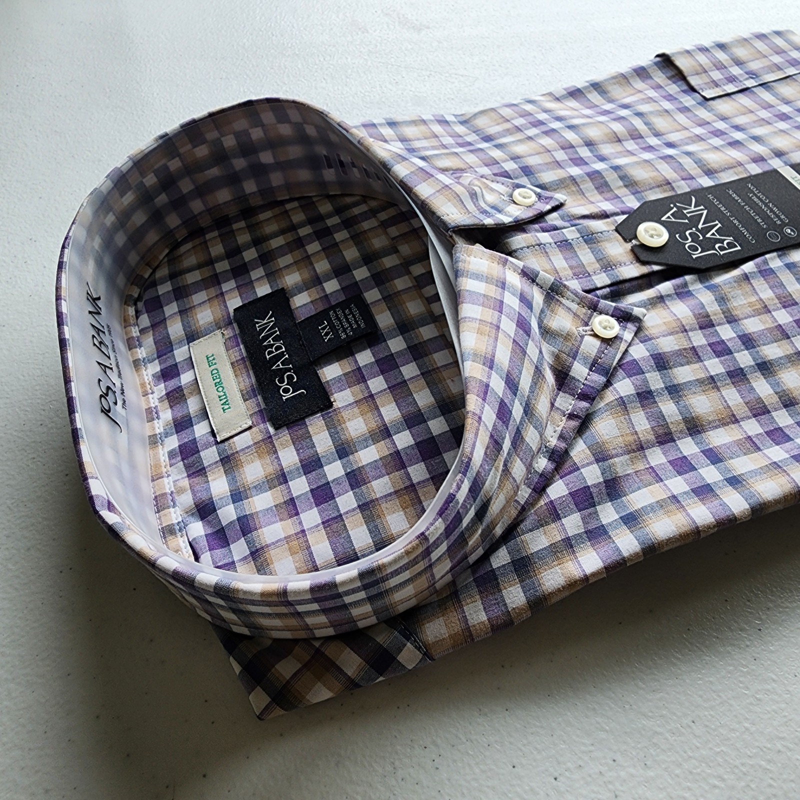 XXL Purple Shirt Plaid Checked Beige White Mens Jos A Bank New Tailored Fit Size