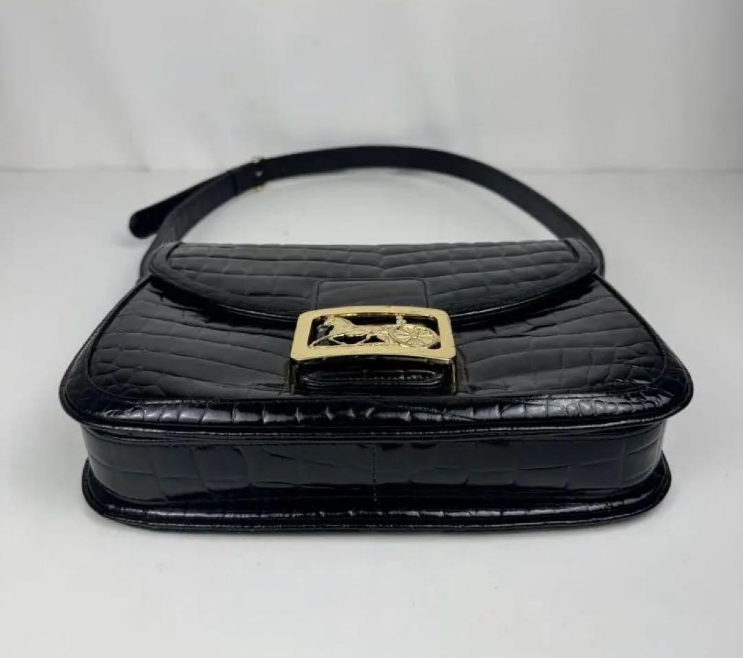 CELINE Carriage Hardware One Shoulder Enamel Leather Bag Black Vintage