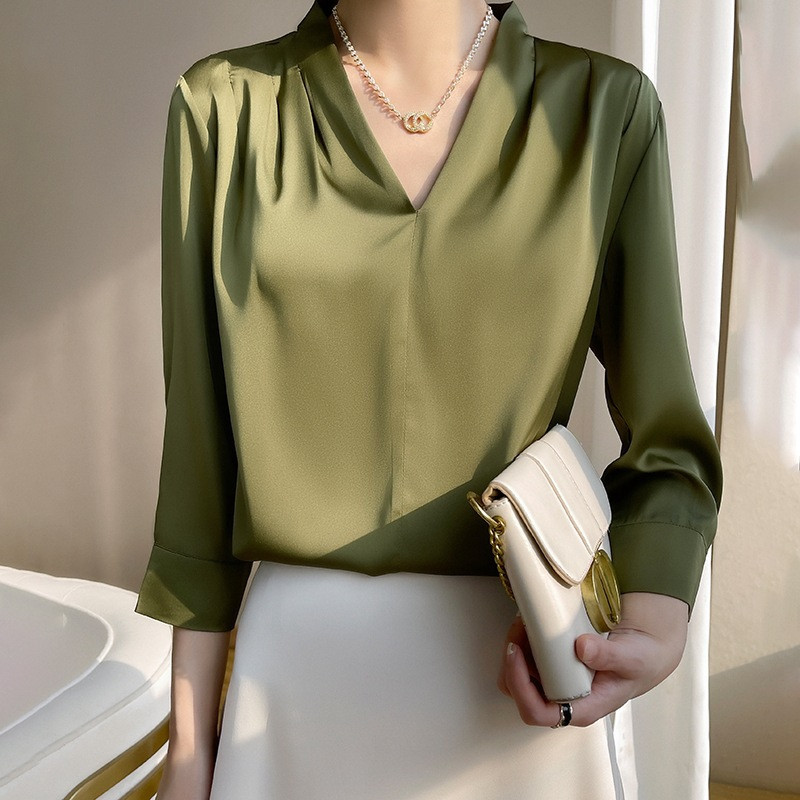 HOT Mulberry Silk Long-sleeved Shirt Women’s Morning Satin Chiffon V-neck Top