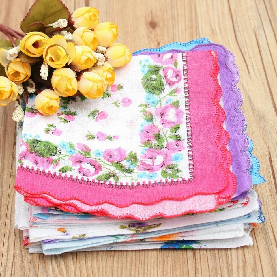 20PCS Women Vintage Floral Flowers Handkerchief 100% Cotton Square Hanky Ladies