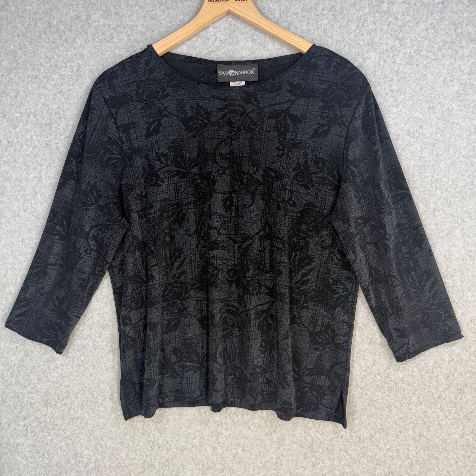 Sag Harbor Women’s Top Shirt Size Medium Black Floral Print Polyester Spandex