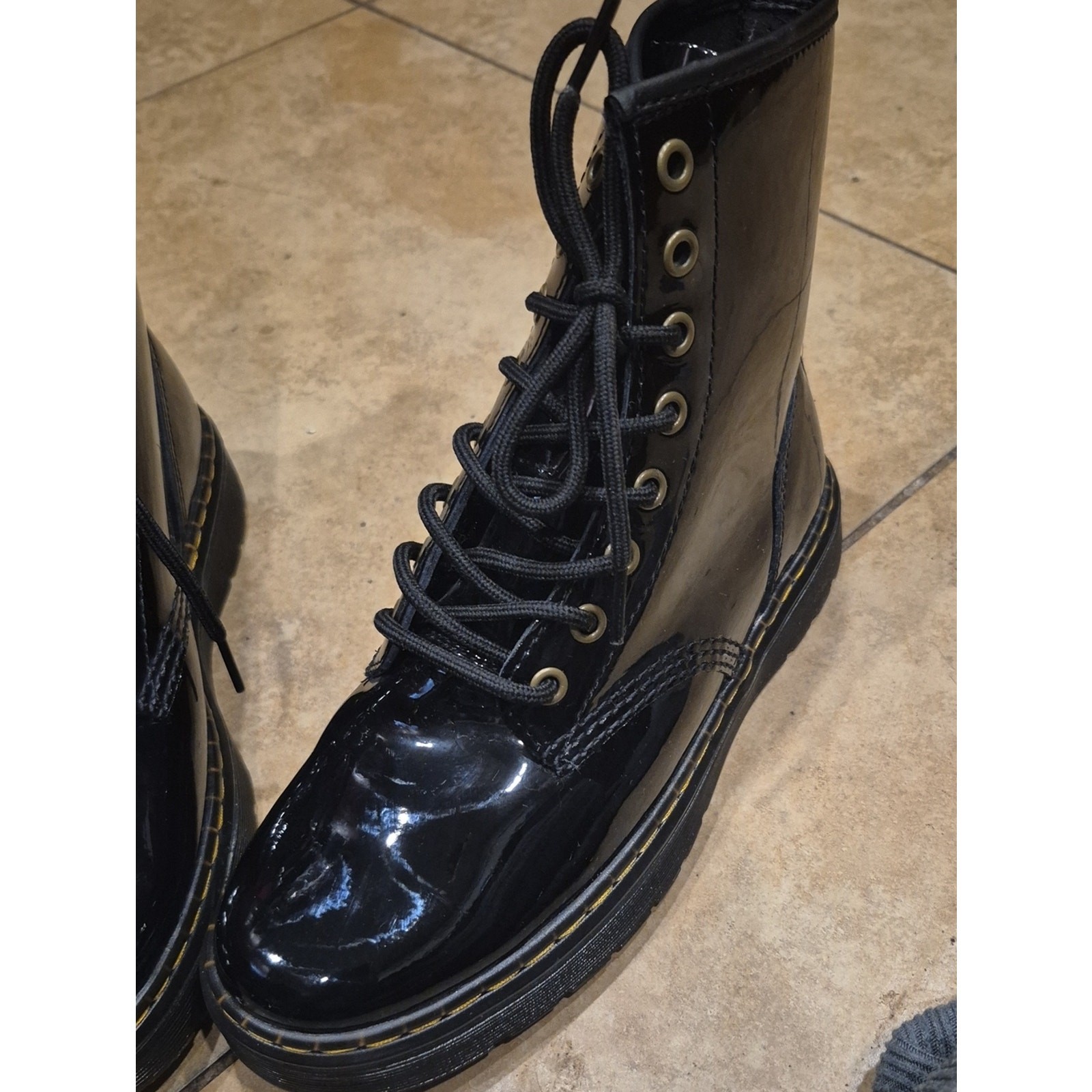 Dr. Martens Black Patent Leather Lace-Up Boots with Yellow Stitching