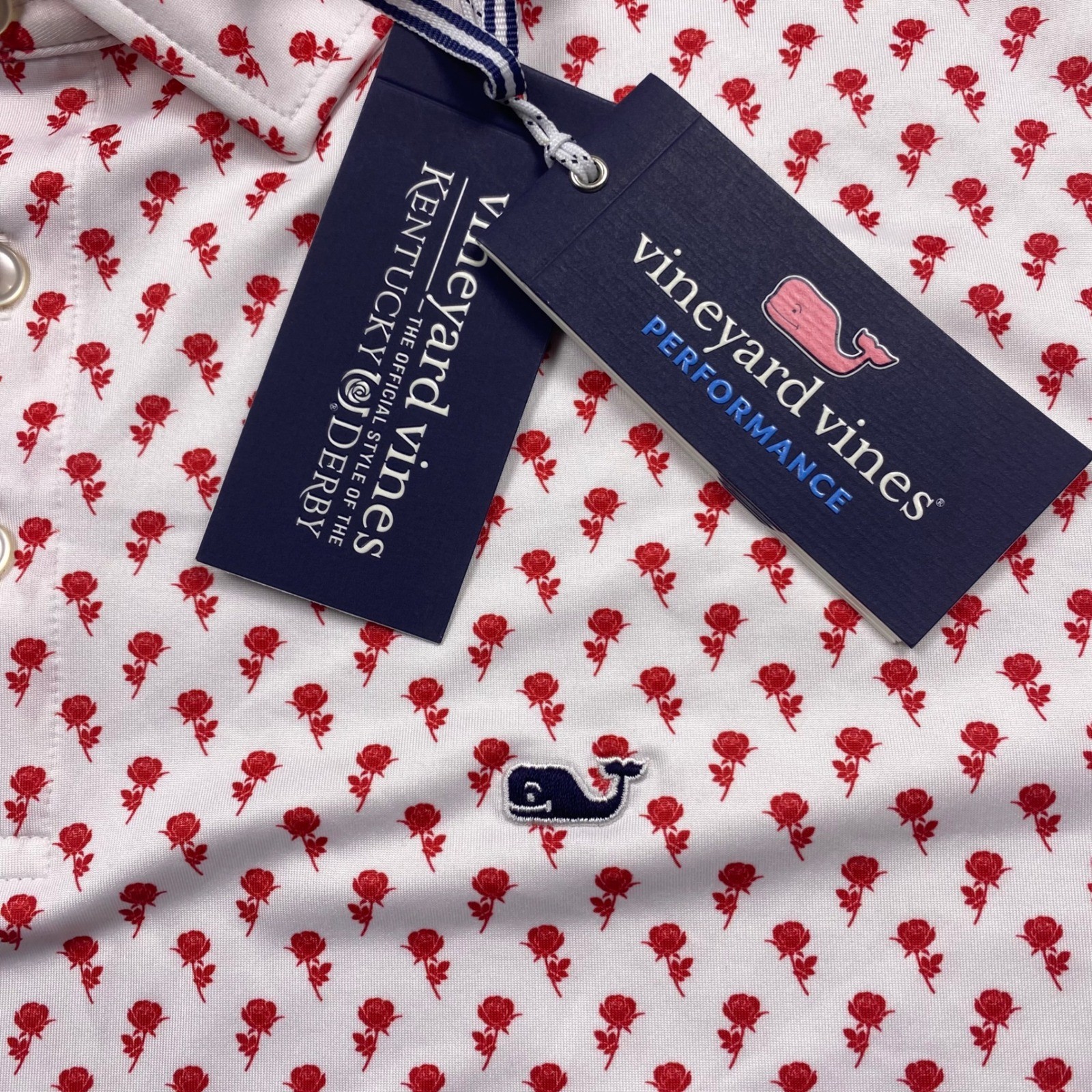 Vineyard Vines Sankaty Kentucky Derby Rose Micro Polo Mens XL White Performance