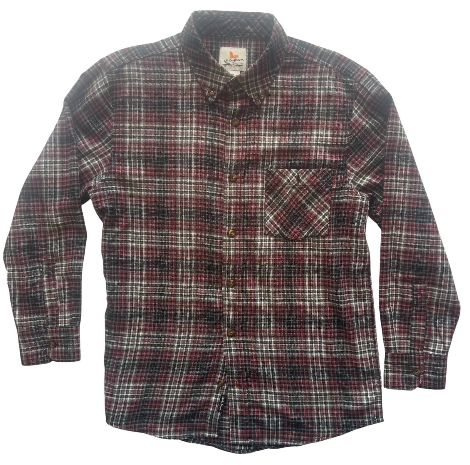 Field & Stream Men’s Plaid Flannel Button Front Shirt Medium Red Gray Black