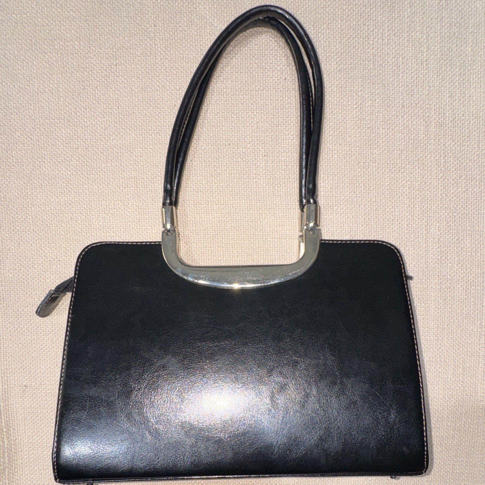 PRADA Black Top Handle Bag Zip Closure Silver Hardware Logo Pockets Lined