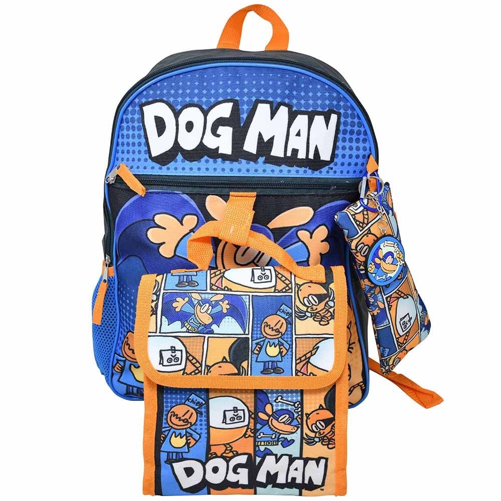 Large Backpack – Dogman Dog-Man 5pc Cartoon Set w/Lunch Bag 16″ School NEW Blue