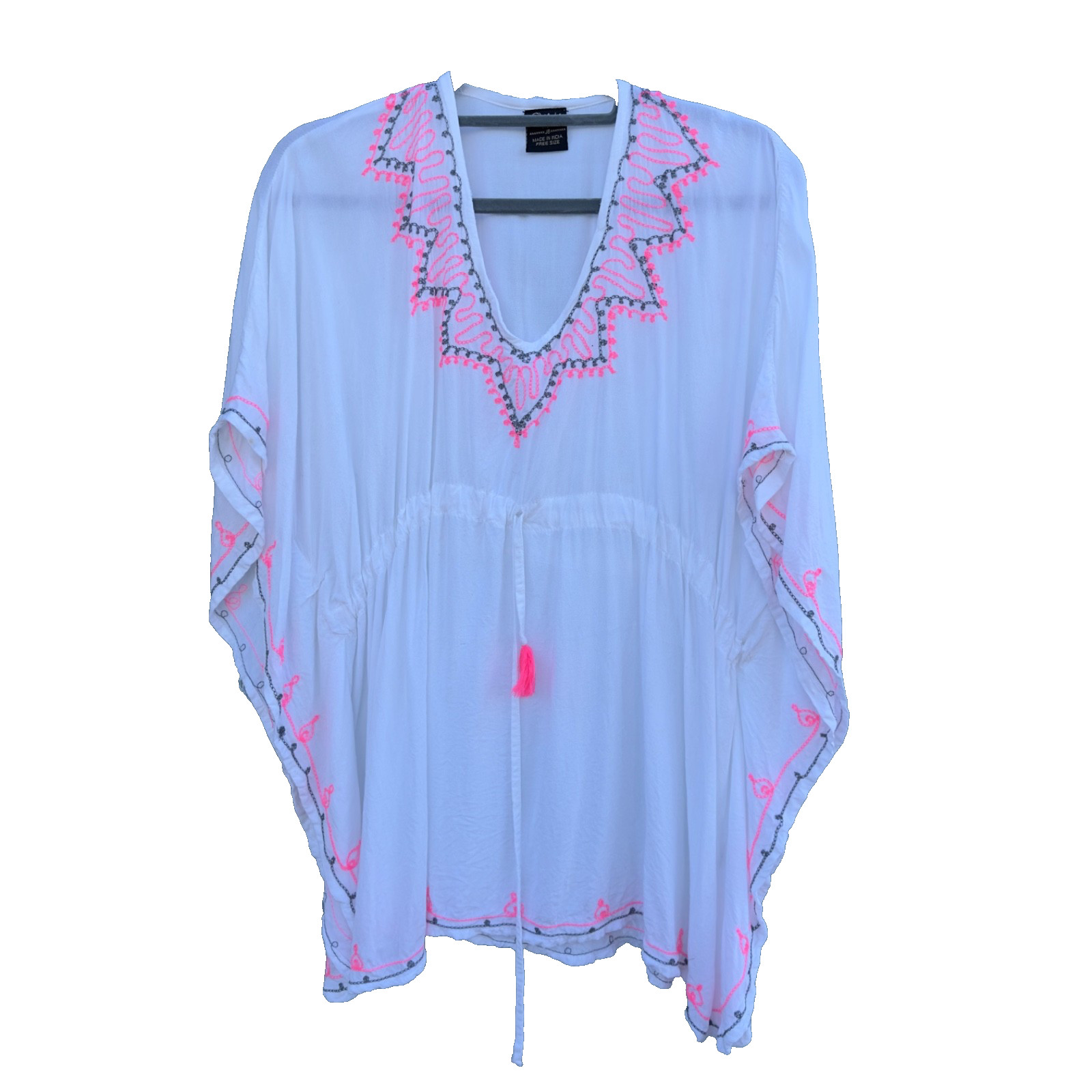 Omja World White Kaftan Top – Neon Pink Treble Clef & Black Swirl Embroidery OS